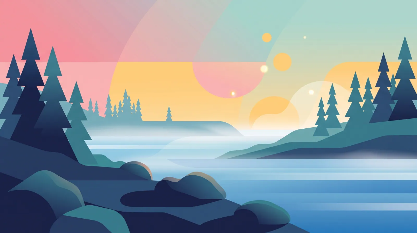 Illustration en aplat d'une rivière calme à l'aube, avec des rochers arrondis, des pins et de la brume sur l'eau