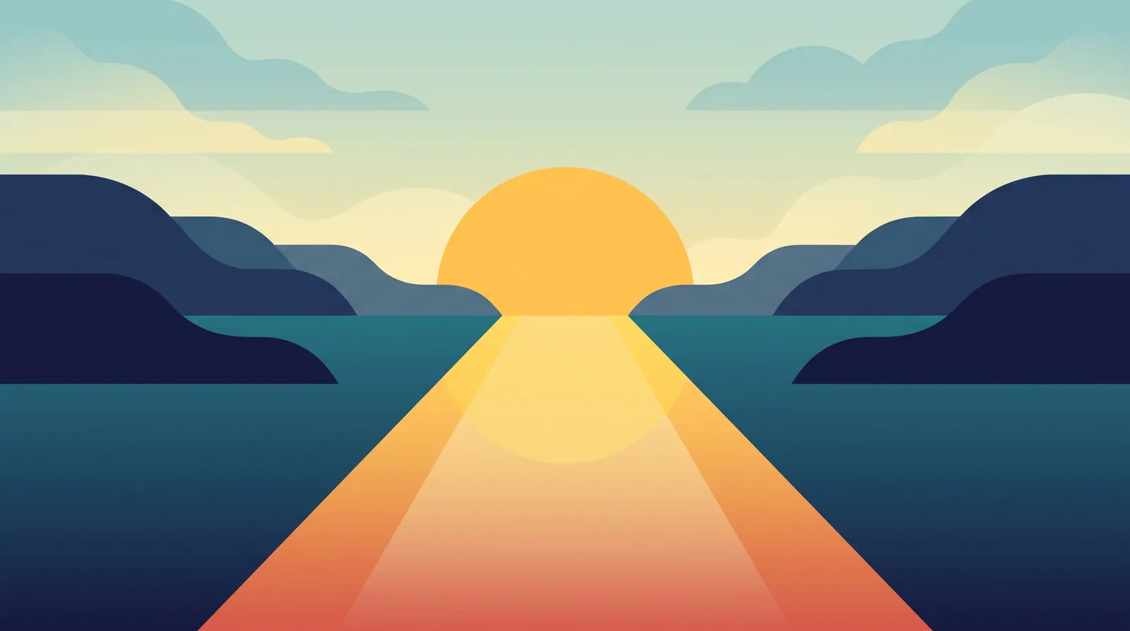 Illustration en aplat d'un lever de soleil paisible sur une eau calme, entre de basses collines
