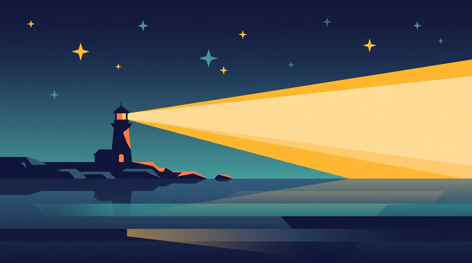 Illustration en aplat d'un petit phare sur une pointe rocheuse, la nuit, son faisceau au-dessus de l'eau sombre