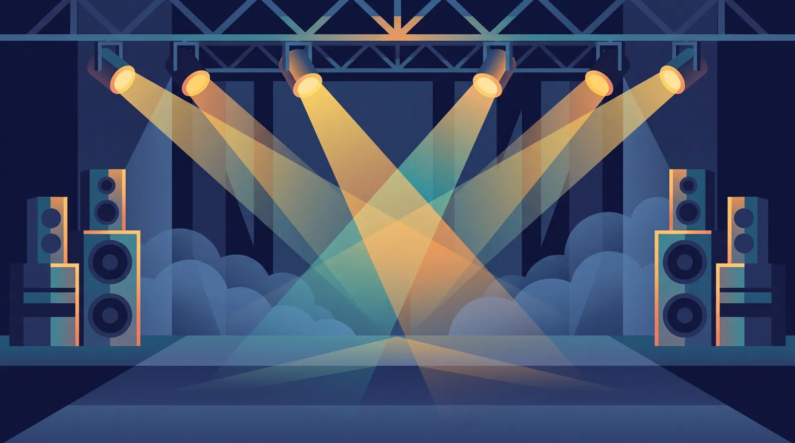 Illustration à plat d'une scène de concert vide, avec des projecteurs qui se croisent et des colonnes de haut-parleurs dans une brume légère