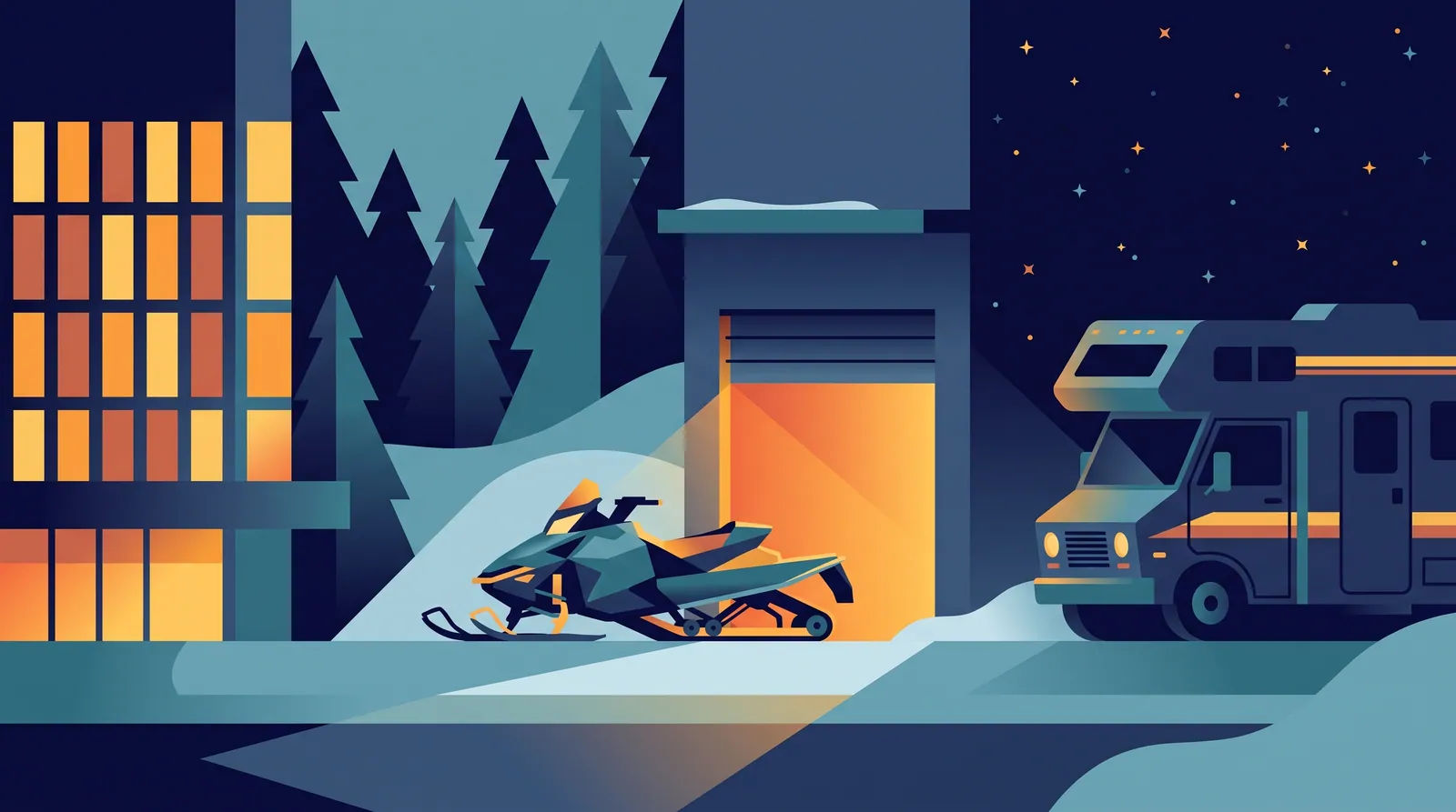 Illustration à plat d'une nuit d'hiver : façade d'hôtel éclairée, motoneige près d'un garage chauffé ouvert et VR sous les étoiles