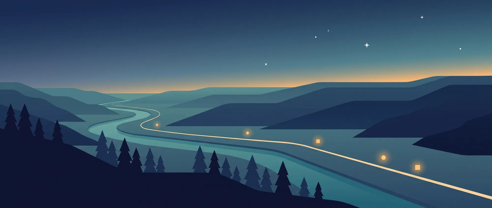 Illustration en aplat d'une longue vallée fluviale à l'heure bleue, avec quelques petites lumières chaudes espacées le long de la rivière