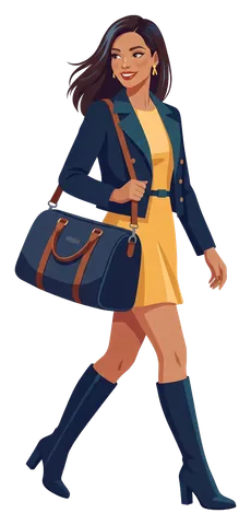 Margot Thériault marche, un sac de voyage bleu marine sur l'épaule. Étiquette : 126 chambres et suites