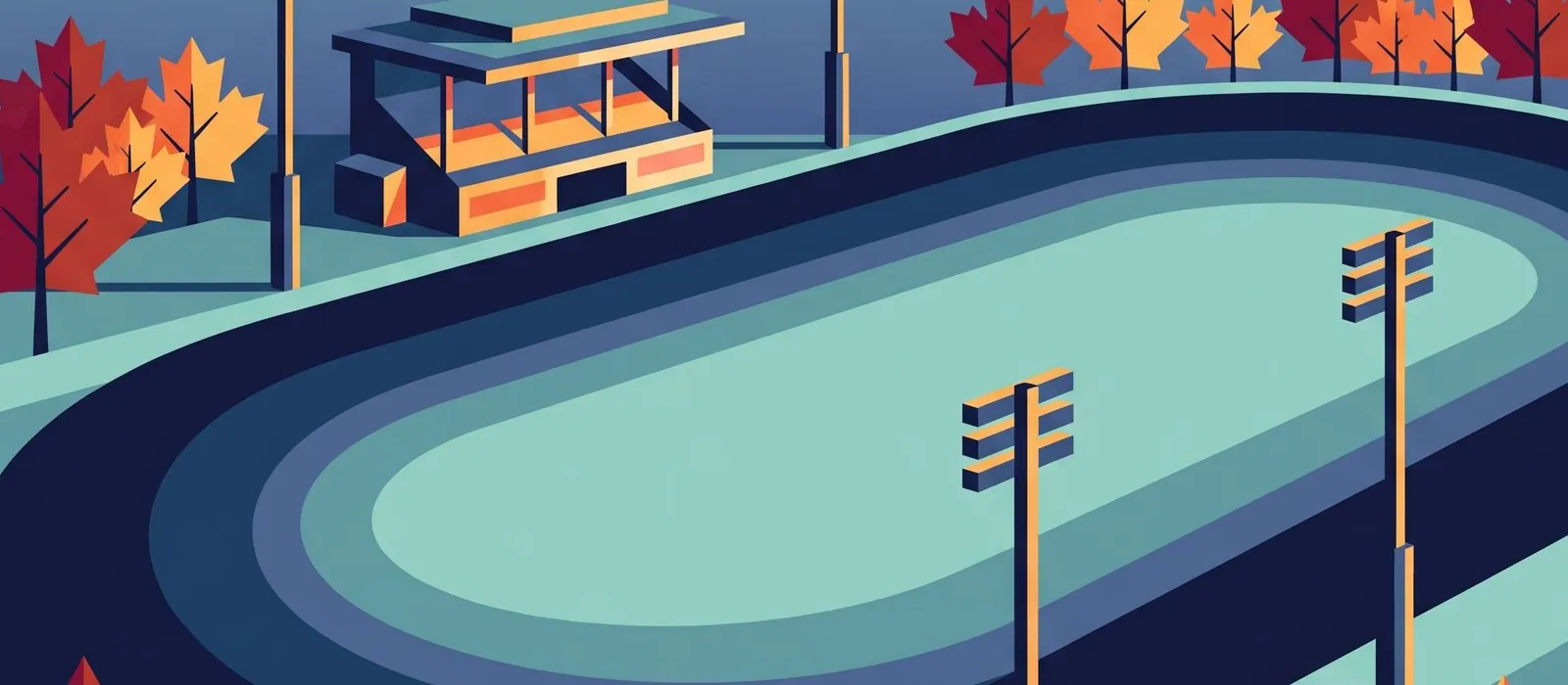 Illustration à plat d'une piste ovale de courses attelées vide en automne, avec une petite tribune, des tours d'éclairage et des érables rouges