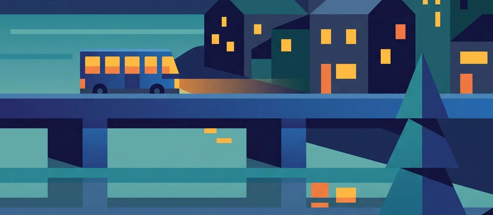 Illustration en aplat d'une petite navette qui traverse un pont au-dessus d'une rivière sarcelle vers une ville riveraine, la nuit